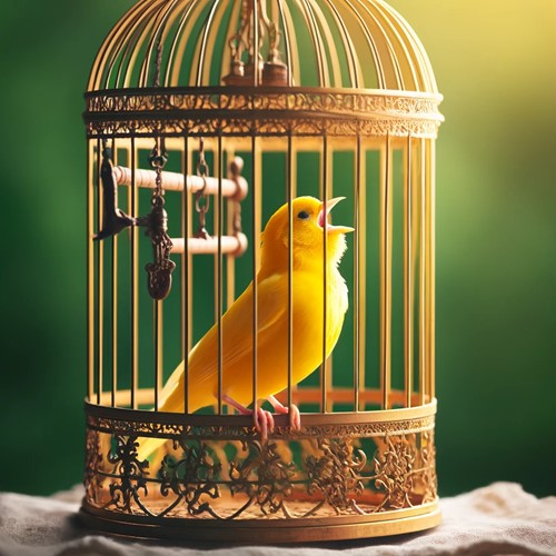 A canary singing in its cage. A metaphor for workplace burnout and employee wellbeing.
